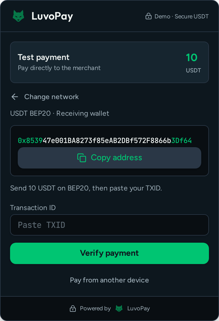 LuvoPay checkout showing the merchant wallet, copy address button, transaction ID field and verify payment button